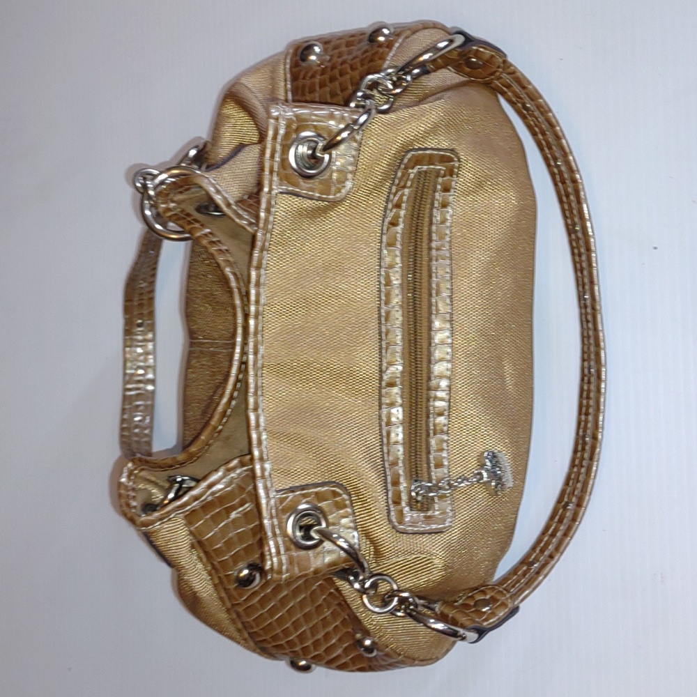 VINTAGEโฎ KATHY VAN ZEELAND Gold Fabric/Croc Leather Hobo - Picture 9 of 13